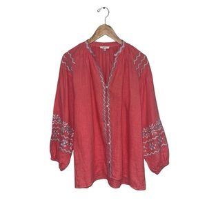 Tyler Boe Blouse Women's Size Medium Coral Pink 100% Linen Embroidered Tunic